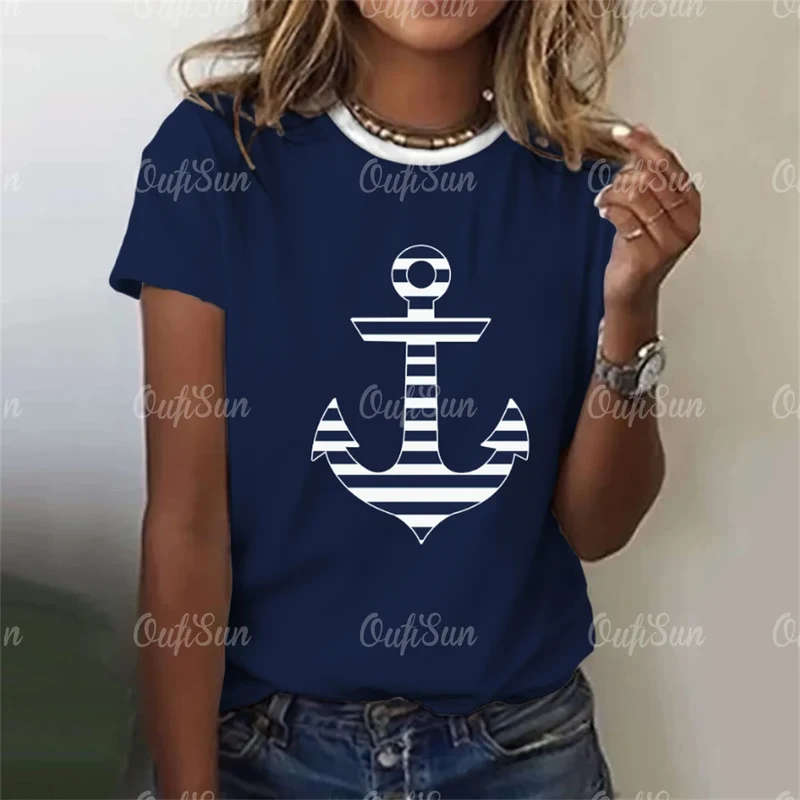 Damen Sommer Top Anker T-Shirt Rundhals Streetwear lockeres Damentop Anker-Motiv