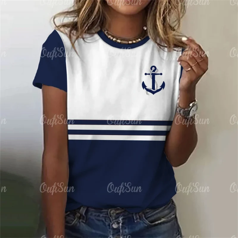 Damen Sommer Top Anker T-Shirt Rundhals Streetwear lockeres Damentop Anker-Motiv
