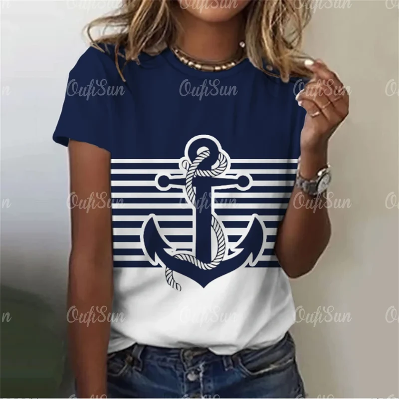 Damen Sommer Top Anker T-Shirt Rundhals Streetwear lockeres Damentop Anker-Motiv
