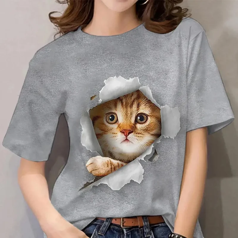 Damen Sommer Top 3D Katzen T-Shirt Rundhals Streetwear lockeres Damentop Bluse