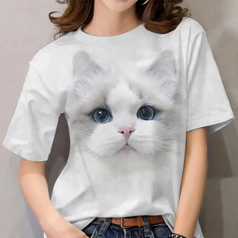 Damen Sommer Top 3D Katzen T-Shirt Rundhals Streetwear lockeres Damentop Bluse