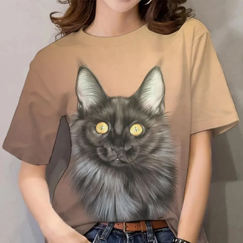 Damen Sommer Top 3D Katzen T-Shirt Rundhals Streetwear lockeres Damentop Bluse