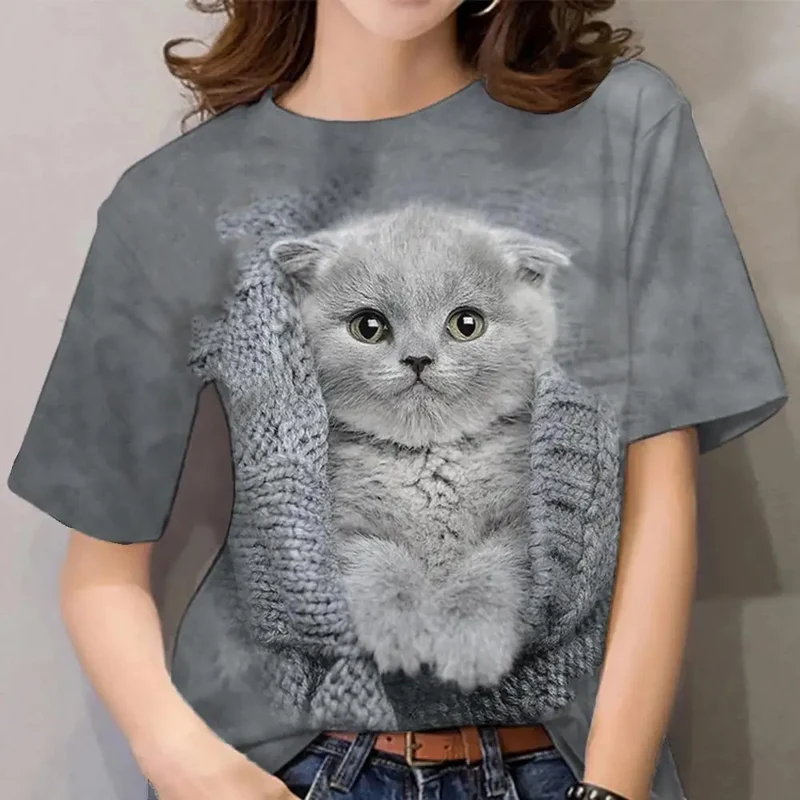 Damen Sommer Top 3D Katzen T-Shirt Rundhals Streetwear lockeres Damentop Bluse