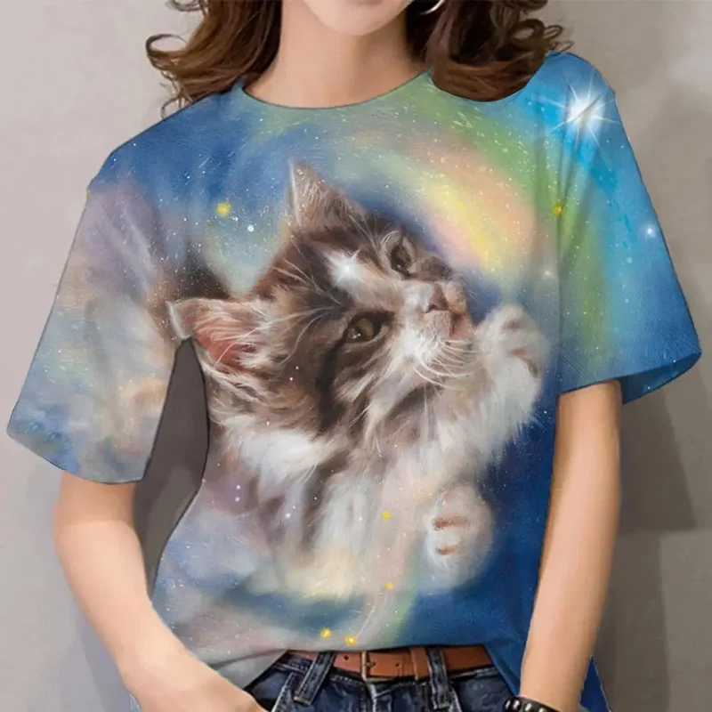 Damen Sommer Top 3D Katzen T-Shirt Rundhals Streetwear lockeres Damentop Bluse
