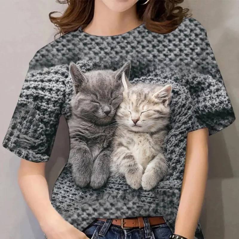 Damen Sommer Top 3D Katzen T-Shirt Rundhals Streetwear lockeres Damentop Bluse