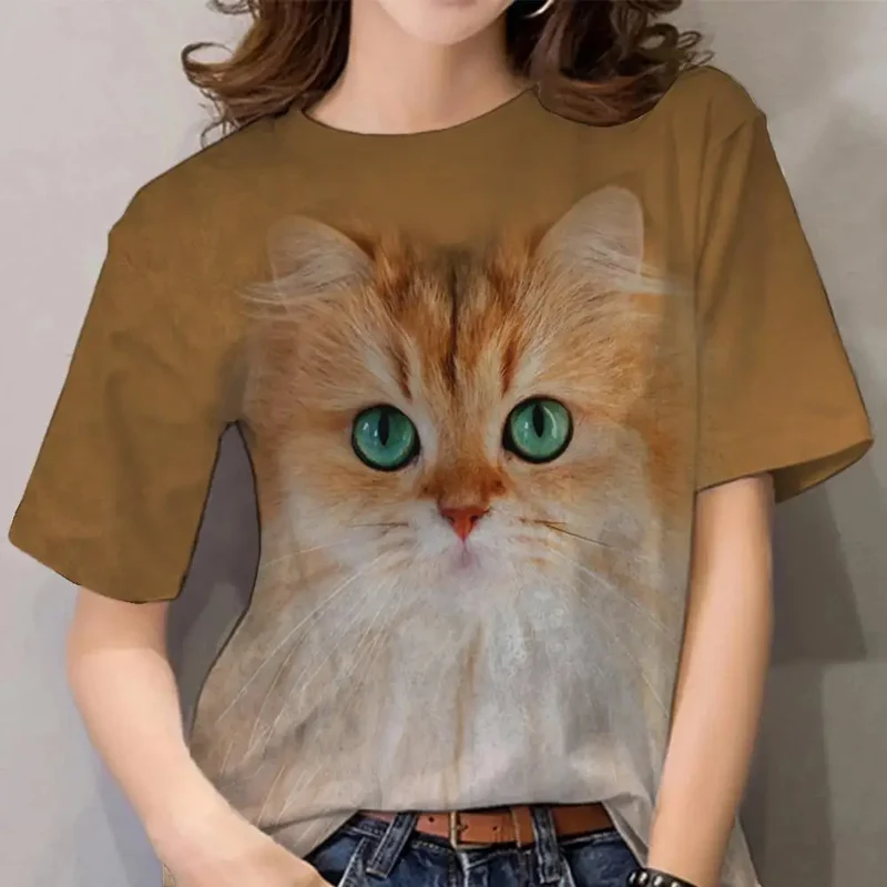 Damen Sommer Top 3D Katzen T-Shirt Rundhals Streetwear lockeres Damentop Bluse