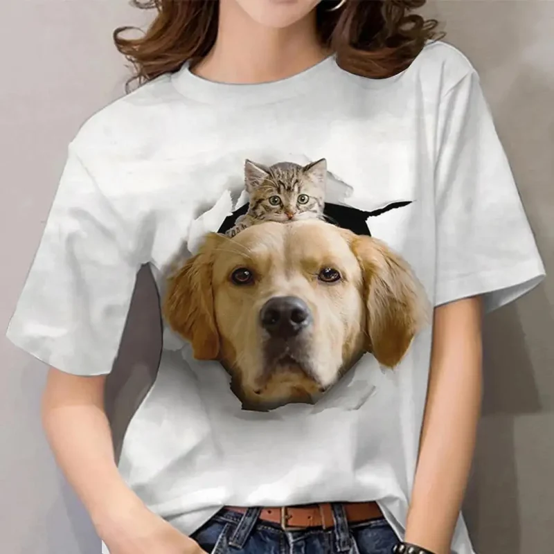 Damen Sommer Top 3D Katzen T-Shirt Rundhals Streetwear lockeres Damentop Bluse