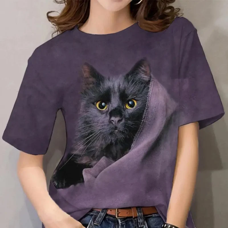 Damen Sommer Top 3D Katzen T-Shirt Rundhals Streetwear lockeres Damentop Bluse