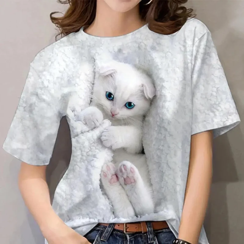 Damen Sommer Top 3D Katzen T-Shirt Rundhals Streetwear lockeres Damentop Bluse