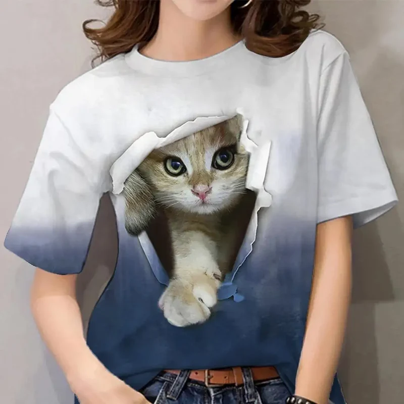 Damen Sommer Top 3D Katzen T-Shirt Rundhals Streetwear lockeres Damentop Bluse