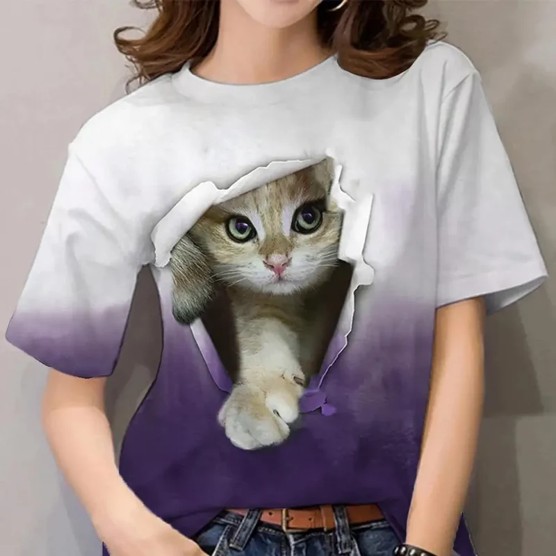 Damen Sommer Top 3D Katzen T-Shirt Rundhals Streetwear lockeres Damentop Bluse