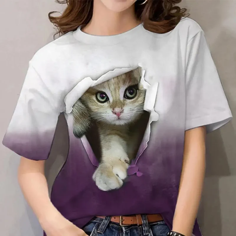 Damen Sommer Top 3D Katzen T-Shirt Rundhals Streetwear lockeres Damentop Bluse
