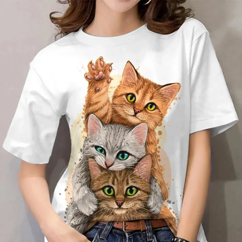 Damen Sommer Top 3D Katzen T-Shirt Rundhals Streetwear lockeres Damentop Bluse