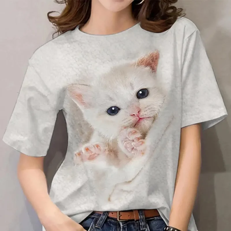 Damen Sommer Top 3D Katzen T-Shirt Rundhals Streetwear lockeres Damentop Bluse