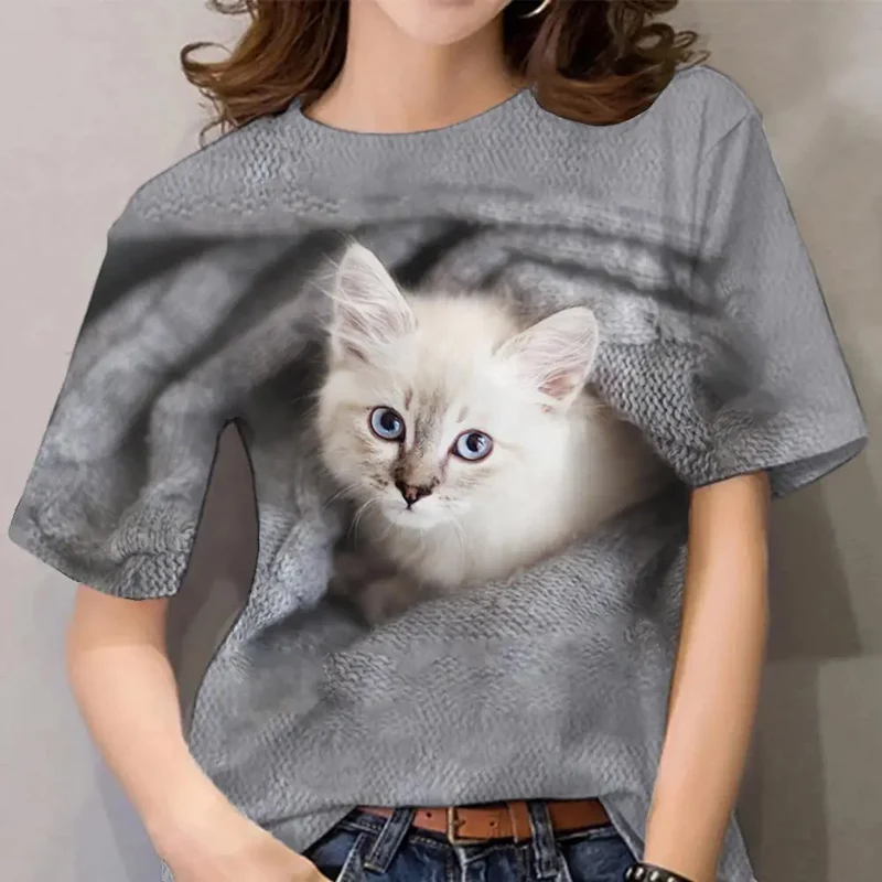 Damen Sommer Top 3D Katzen T-Shirt Rundhals Streetwear lockeres Damentop Bluse