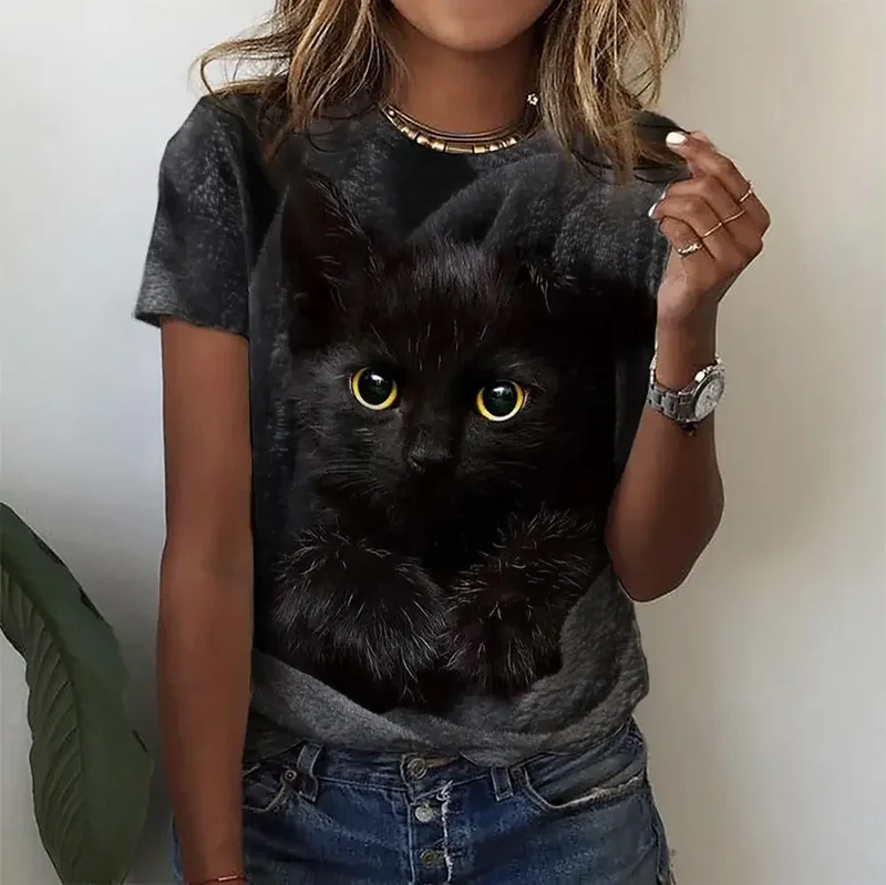 Damen Sommer Top 3D Katzen T-Shirt Rundhals Streetwear lockeres Damentop