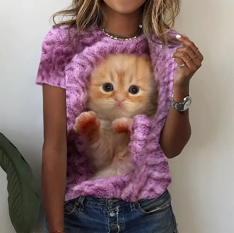 Damen Sommer Top 3D Katzen T-Shirt Rundhals Streetwear lockeres Damentop