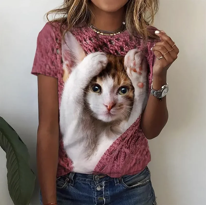 Damen Sommer Top 3D Katzen T-Shirt Rundhals Streetwear lockeres Damentop