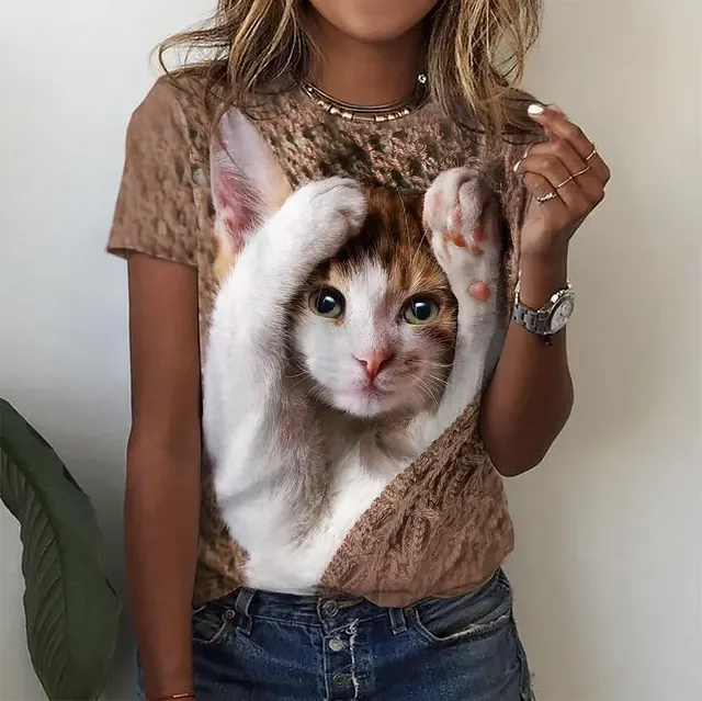 Damen Sommer Top 3D Katzen T-Shirt Rundhals Streetwear lockeres Damentop