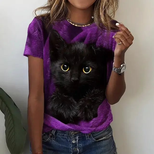 Damen Sommer Top 3D Katzen T-Shirt Rundhals Streetwear lockeres Damentop