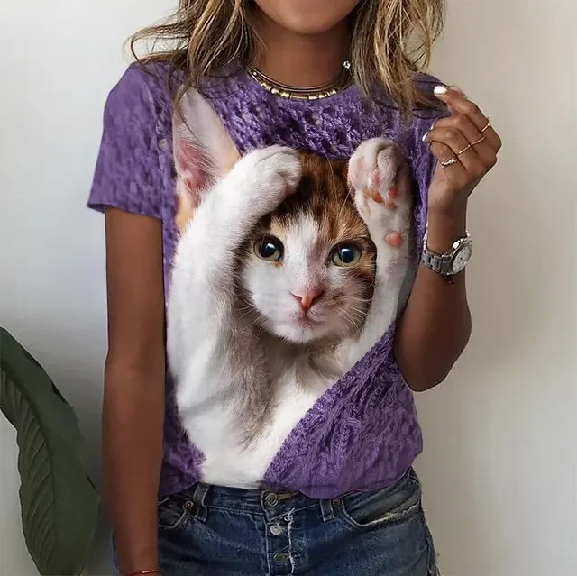 Damen Sommer Top 3D Katzen T-Shirt Rundhals Streetwear lockeres Damentop