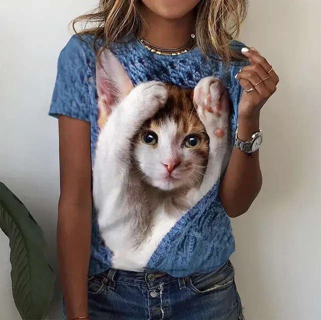 Damen Sommer Top 3D Katzen T-Shirt Rundhals Streetwear lockeres Damentop
