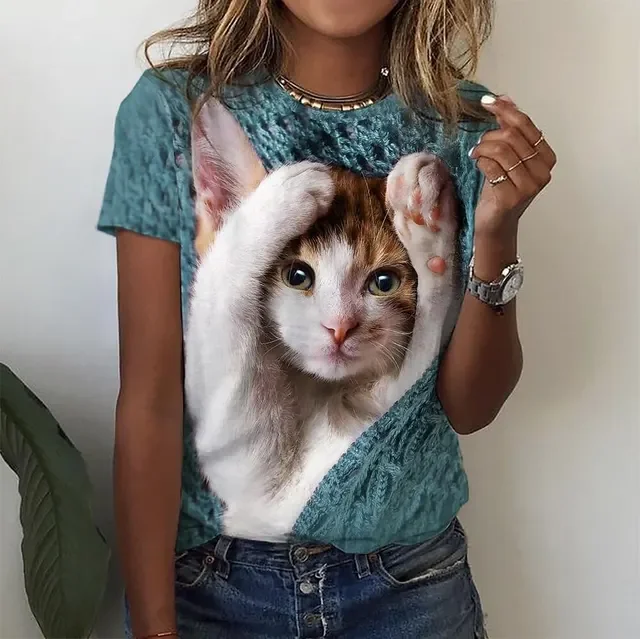 Damen Sommer Top 3D Katzen T-Shirt Rundhals Streetwear lockeres Damentop