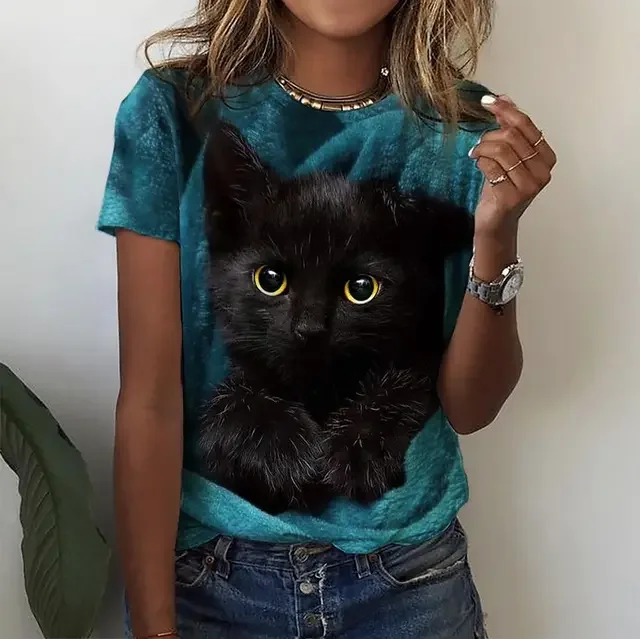Damen Sommer Top 3D Katzen T-Shirt Rundhals Streetwear lockeres Damentop