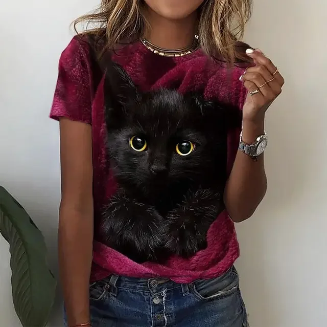 Damen Sommer Top 3D Katzen T-Shirt Rundhals Streetwear lockeres Damentop