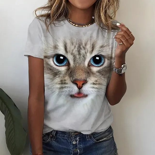 Damen Sommer Top 3D Katzen T-Shirt Rundhals Streetwear lockeres Damentop