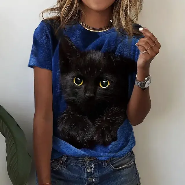 Damen Sommer Top 3D Katzen T-Shirt Rundhals Streetwear lockeres Damentop