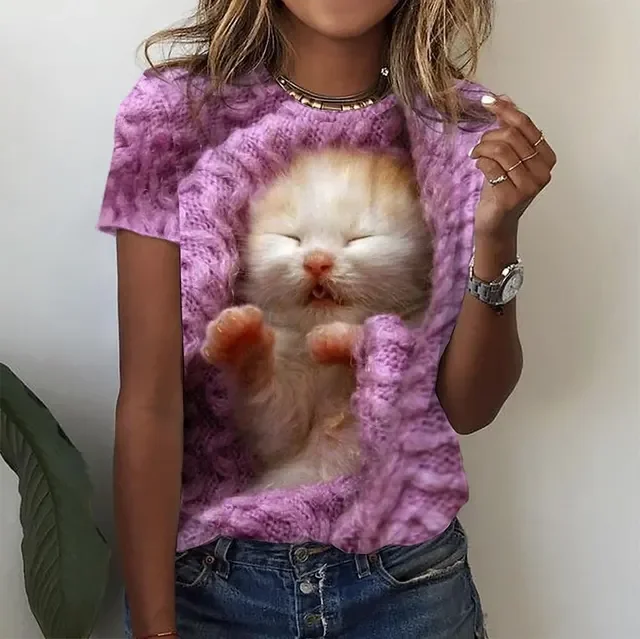 Damen Sommer Top 3D Katzen T-Shirt Rundhals Streetwear lockeres Damentop