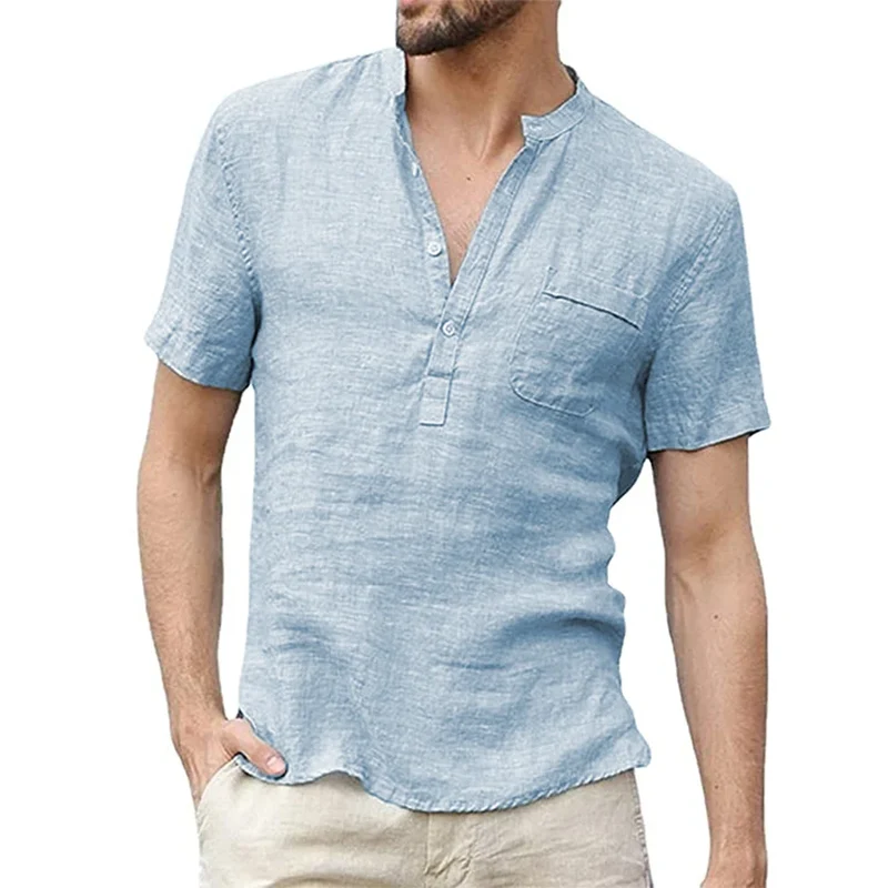 Herren Poloshirt Leinenhemd Kurzarm T-Shirt Leinen Hemd Polohemd Freizeithemd