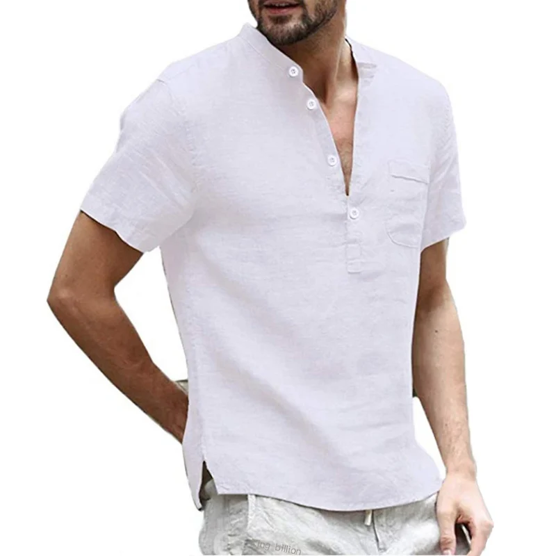 Herren Poloshirt Leinenhemd Kurzarm T-Shirt Leinen Hemd Polohemd Freizeithemd