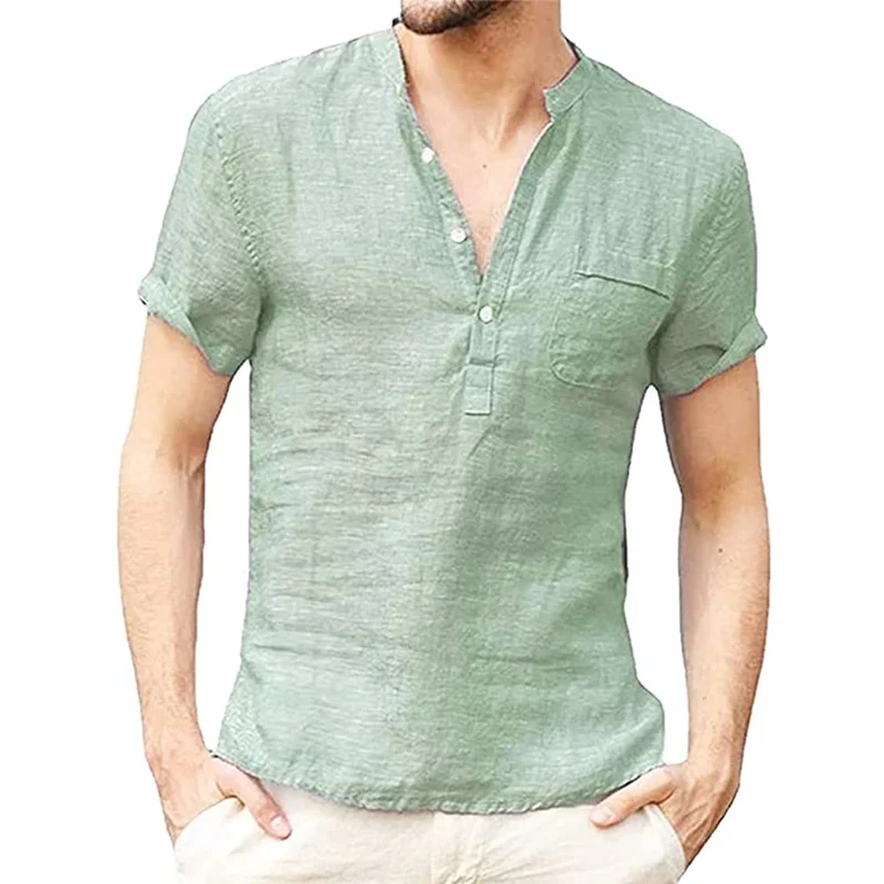 Herren Poloshirt Leinenhemd Kurzarm T-Shirt Leinen Hemd Polohemd Freizeithemd