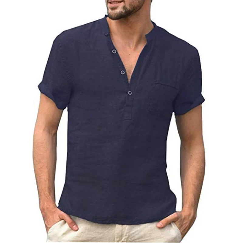 Herren Poloshirt Leinenhemd Kurzarm T-Shirt Leinen Hemd Polohemd Freizeithemd