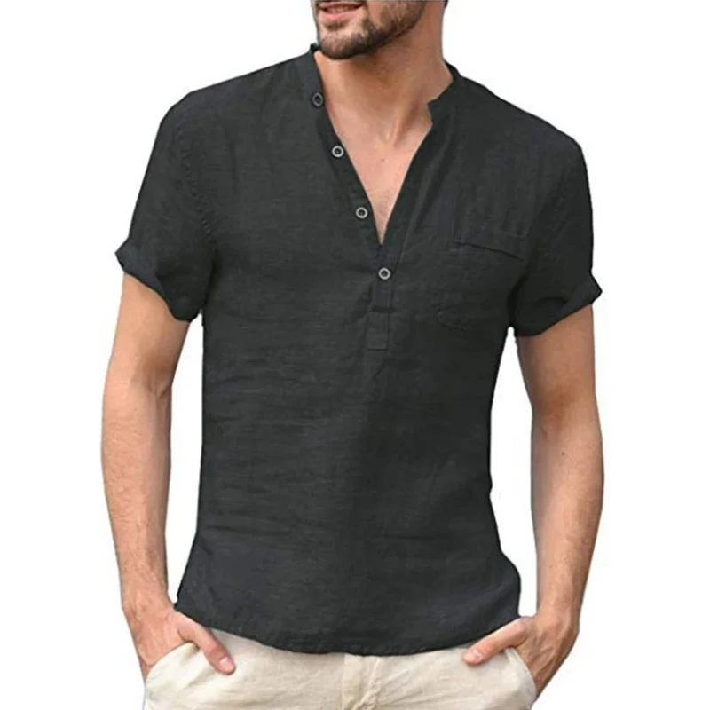 Herren Poloshirt Leinenhemd Kurzarm T-Shirt Leinen Hemd Polohemd Freizeithemd