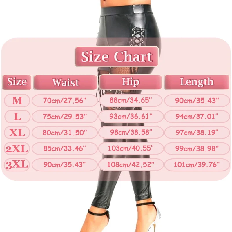 Sexy Damen Leggings Push Up Leggins Gothic Punk Hose PU Lederhose mit Kordelzug