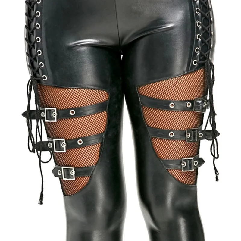 Sexy Damen Leggings Push Up Leggins Gothic Punk Hose PU Lederhose mit Kordelzug