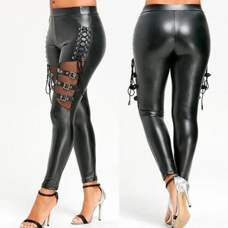 Sexy Damen Leggings Push Up Leggins Gothic Punk Hose PU Lederhose mit Kordelzug