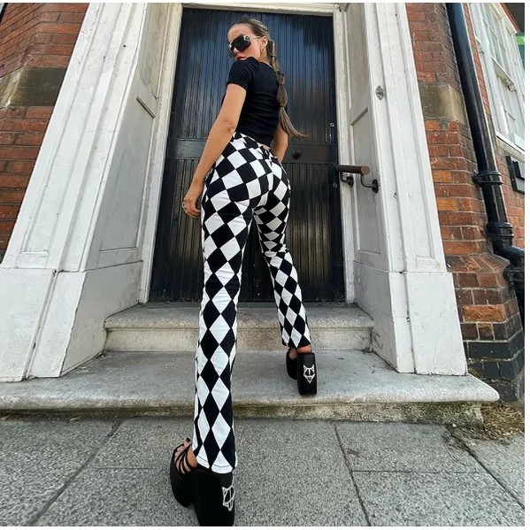 Damen Leggings Kariert Tartan Karo Muster Bootcut Hüftjeans Schlaghose Flared