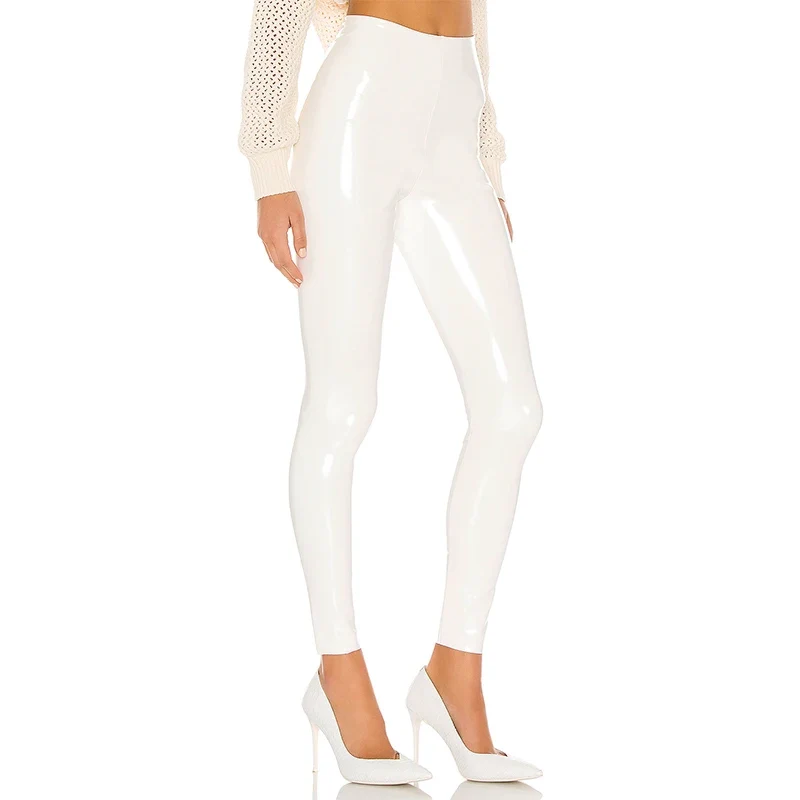 Damen Dünne Leggings Stretch Hose Weiß Glänzend Latex Nachtclub Sexy Hohe Taille