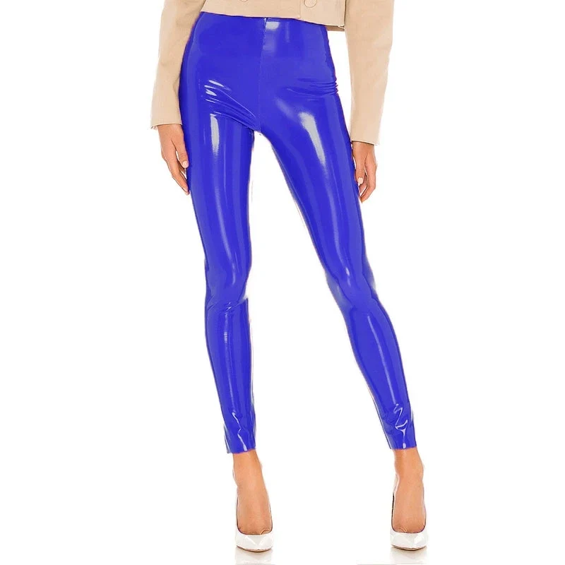 Damen Dünne Leggings Stretch Hose Weiß Glänzend Latex Nachtclub Sexy Hohe Taille