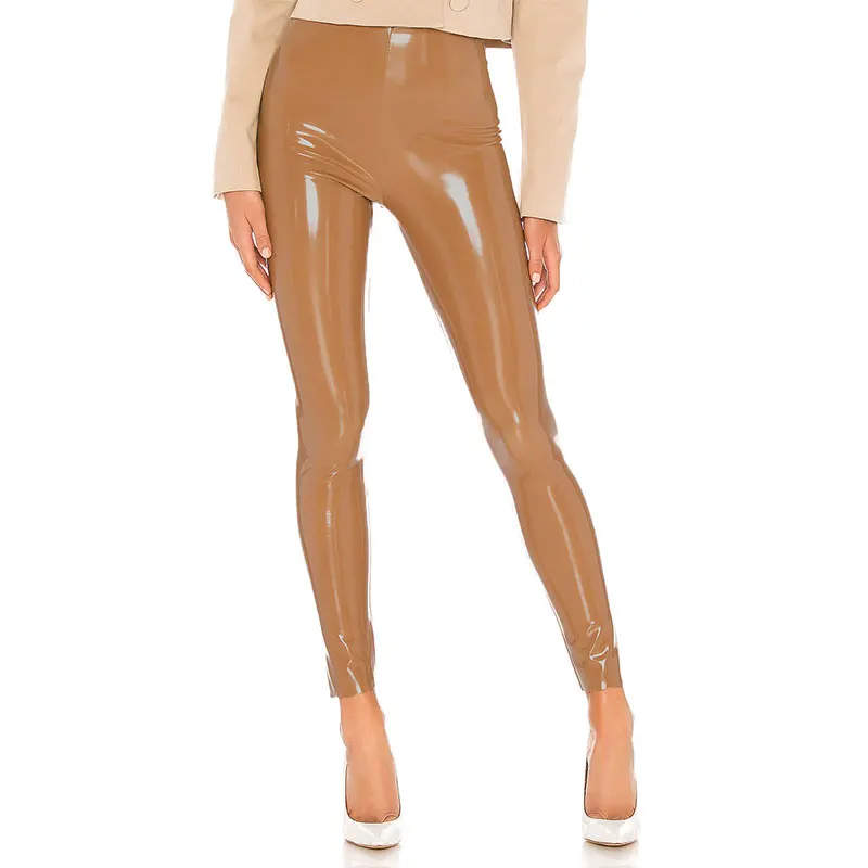 Damen Dünne Leggings Stretch Hose Weiß Glänzend Latex Nachtclub Sexy Hohe Taille
