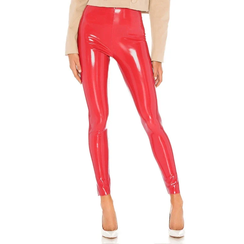 Damen Dünne Leggings Stretch Hose Weiß Glänzend Latex Nachtclub Sexy Hohe Taille