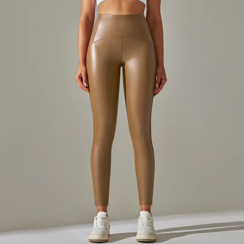 Damen Fashion Leggings Push Up Leggins Hose PU Lederhose mit Taschen Sexy