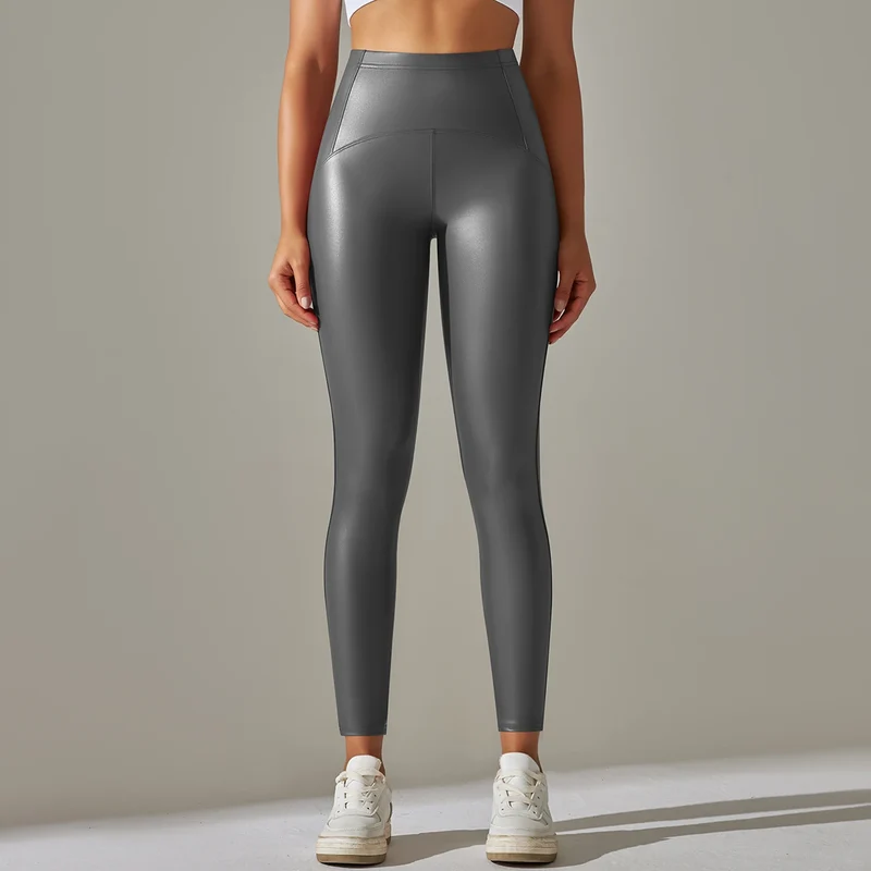 Damen Fashion Leggings Push Up Leggins Hose PU Lederhose mit Taschen Sexy