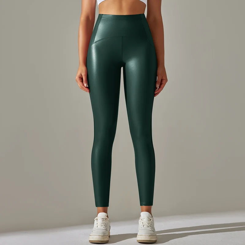 Damen Fashion Leggings Push Up Leggins Hose PU Lederhose mit Taschen Sexy