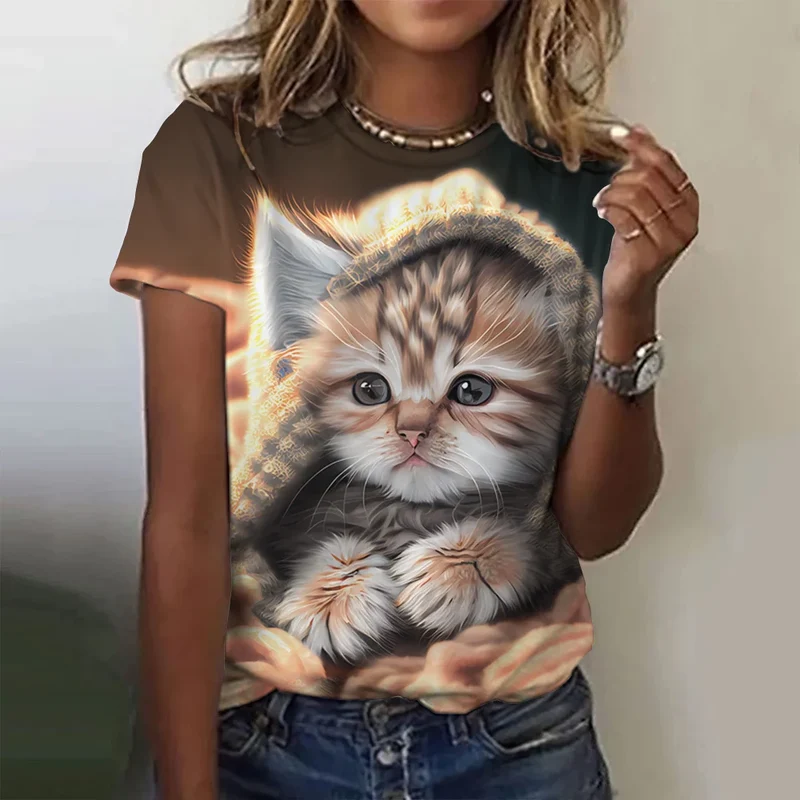 Damen Sommer Top 3D Katzen T-Shirt Rundhals Streetwear lockeres Damentop
