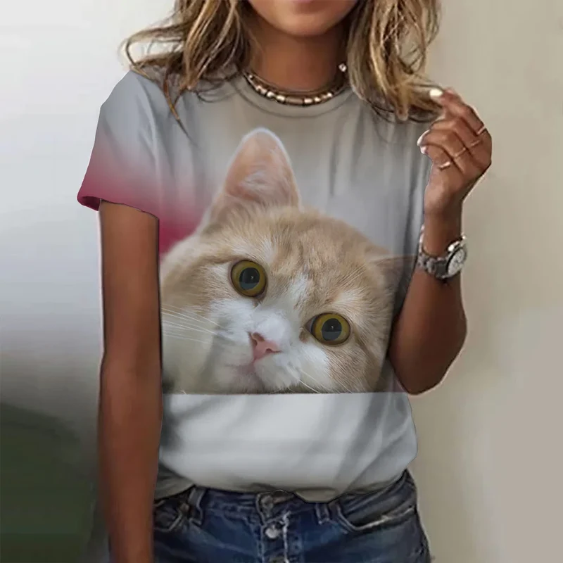 Damen Sommer Top 3D Katzen T-Shirt Rundhals Streetwear lockeres Damentop